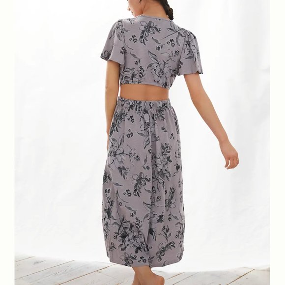 NWT Anthropologie T.la Cutout back Midi Dress Floral Cotton S Purple Grey - Picture 2 of 5